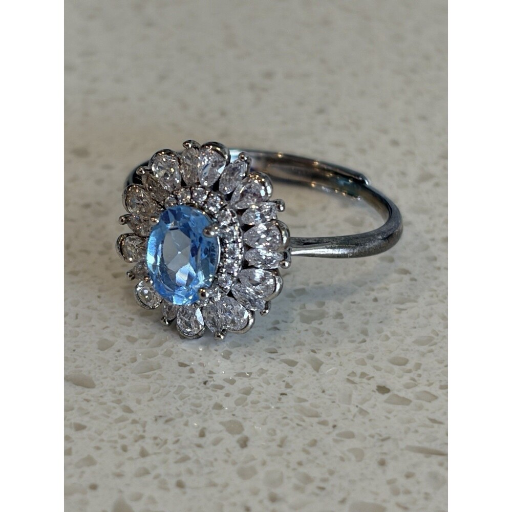 Oval Aquamarine Flower Ring Women's Ring 925 Sterling Silver Size 7A
